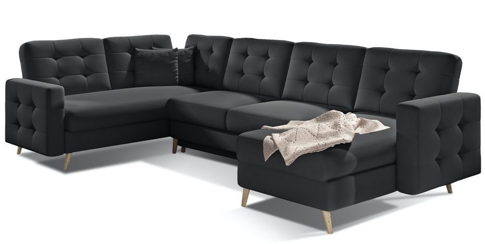 Canapé panoramique convertible capitonné simili cuir noir Anska 320 cm - Photo n°1