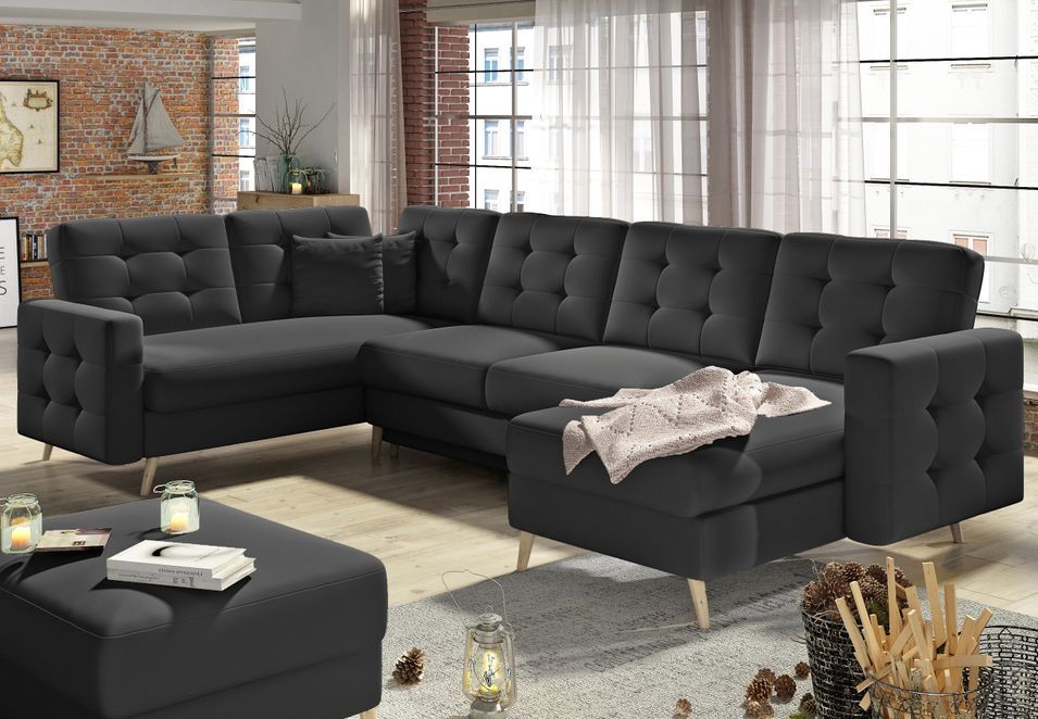 Canapé panoramique convertible capitonné simili cuir noir Anska 320 cm - Photo n°1