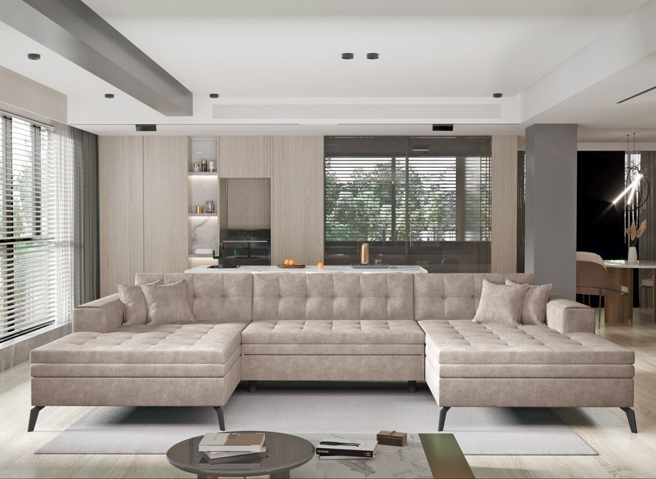 Canapé panoramique convertible en tissu ROMY - Pieds métal noir - Photo n°1