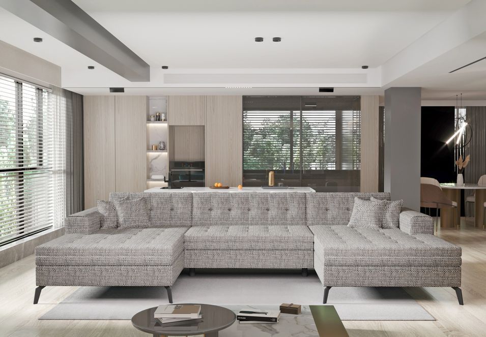 Canapé panoramique convertible en tissu ROMY - Pieds métal noir - Photo n°1