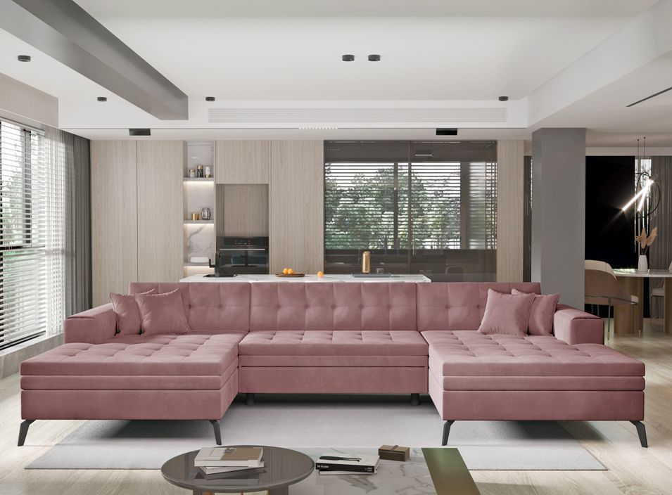 Canapé panoramique convertible en velours ROMY - Pieds métal noir - Photo n°1