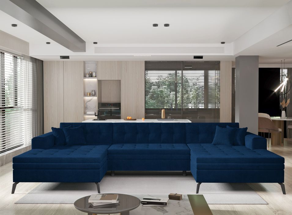 Canapé panoramique convertible en velours ROMY - Pieds métal noir - Photo n°1