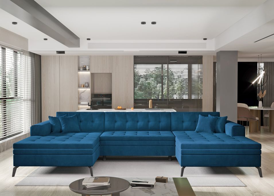 Canapé panoramique convertible en velours ROMY - Pieds métal noir - Photo n°1