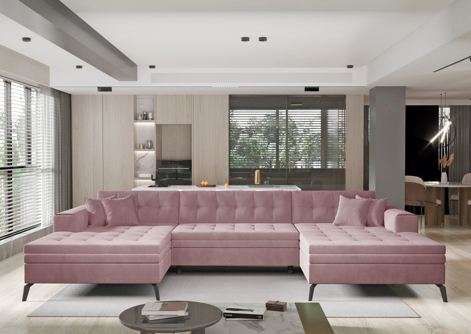 Canapé panoramique convertible en velours ROMY - Pieds métal noir - Photo n°1