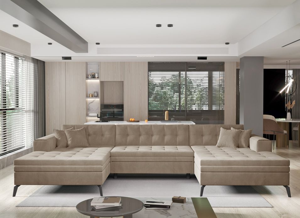 Canapé panoramique convertible en velours ROMY - Pieds métal noir - Photo n°1