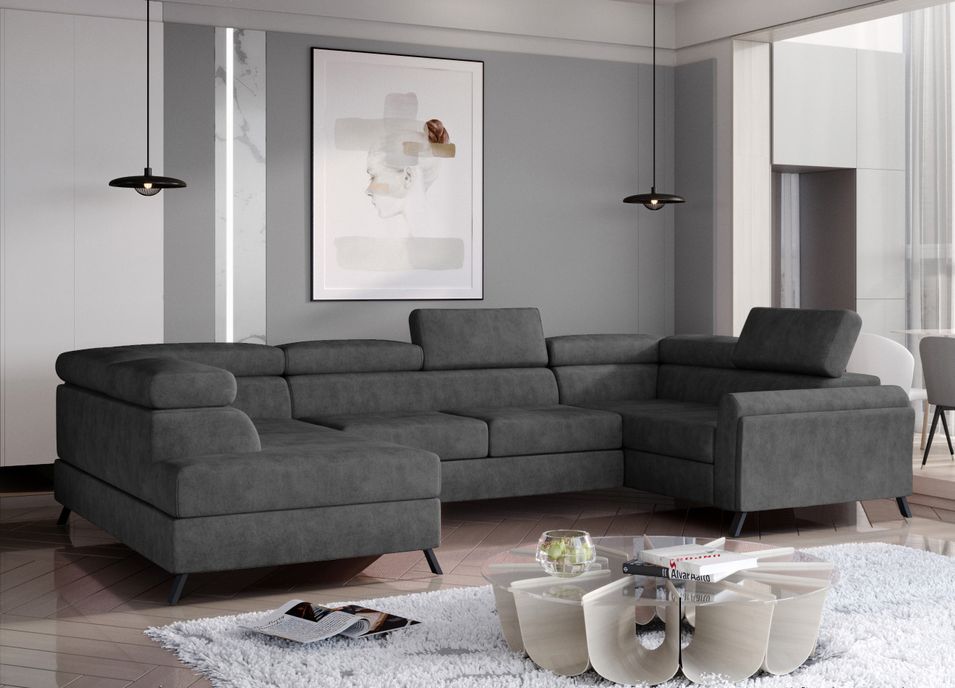 Canapé panoramique convertible SKADA en tissu avec coffre et têtières réglables – 336 cm - Photo n°1