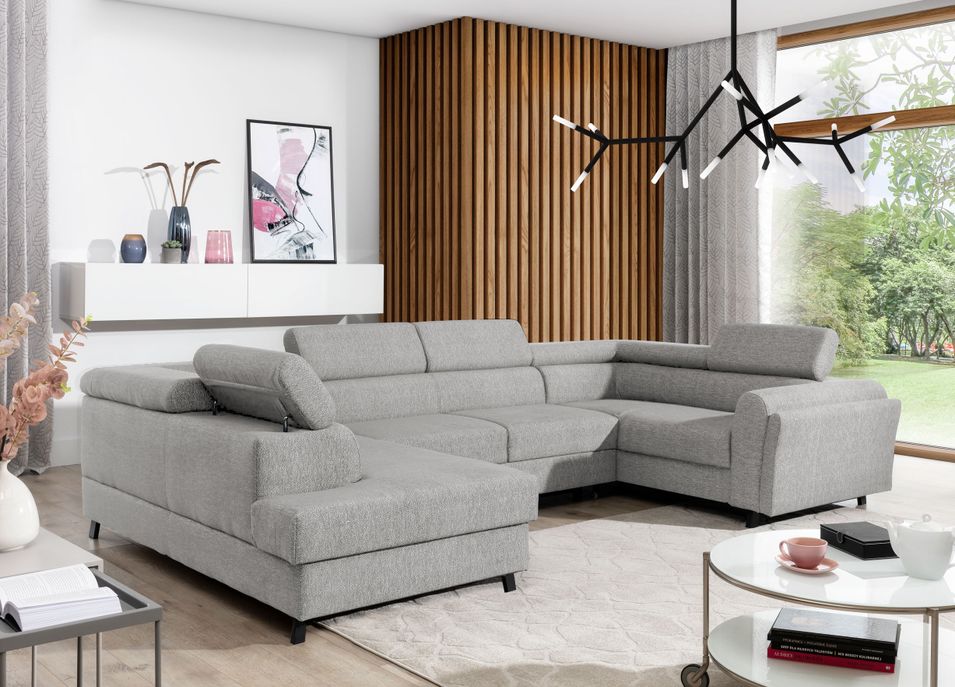 Canapé panoramique convertible SKADA en tissu avec coffre et têtières réglables – 336 cm - Photo n°1