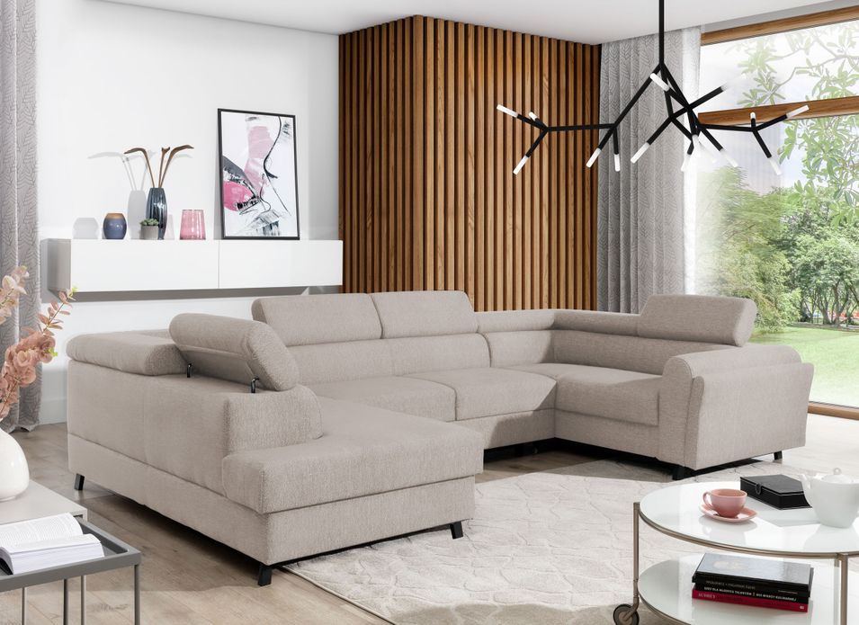 Canapé panoramique convertible SKADA en tissu avec coffre et têtières réglables – 336 cm - Photo n°1