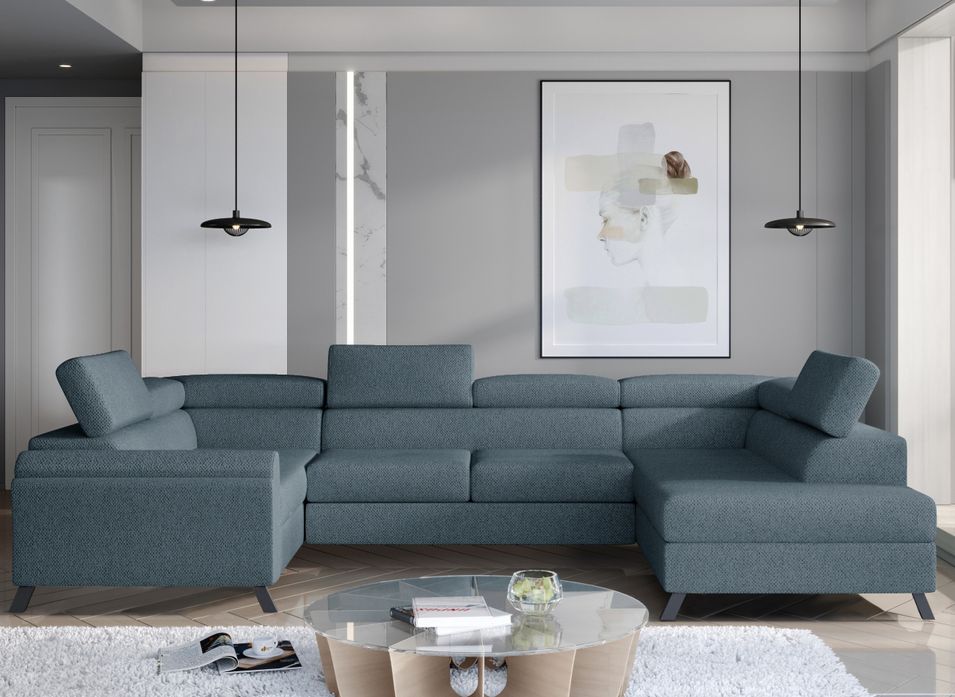 Canapé panoramique convertible SKADA en tissu avec coffre et têtières réglables – 336 cm - Photo n°1
