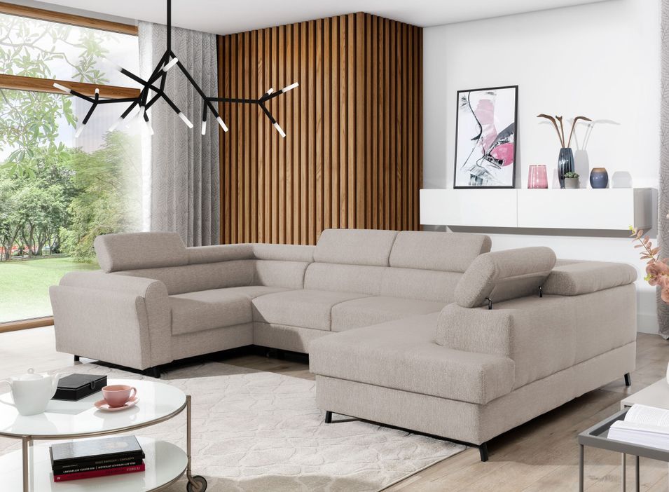 Canapé panoramique convertible SKADA en tissu avec coffre et têtières réglables – 336 cm - Photo n°1