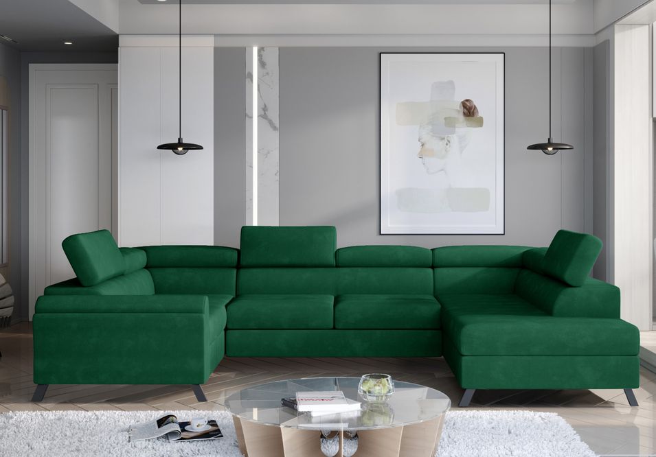 Canapé panoramique convertible SKADA velours – Rangement et appuis-têtes réglables - Photo n°1