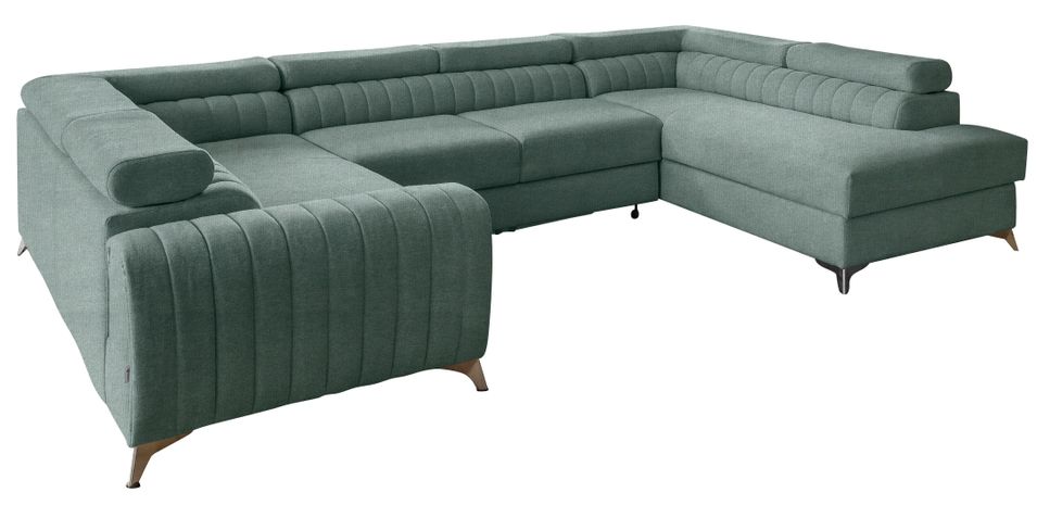 Canapé panoramique convertible tissu vert emeraude avec coffre de rangement Louve 340 cm - Photo n°1