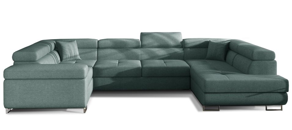 Canapé panoramique convertible TOVY en tissu avec coffre et têtières réglables – 340 cm - Photo n°1