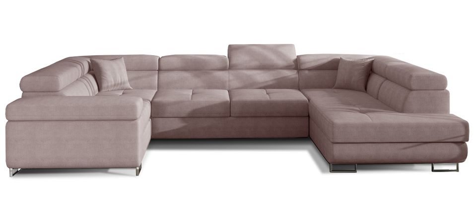 Canapé panoramique convertible TOVY en tissu avec coffre et têtières réglables – 340 cm - Photo n°1