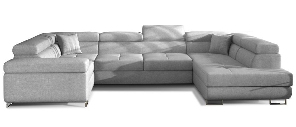 Canapé panoramique convertible TOVY en tissu avec coffre et têtières réglables – 340 cm - Photo n°1