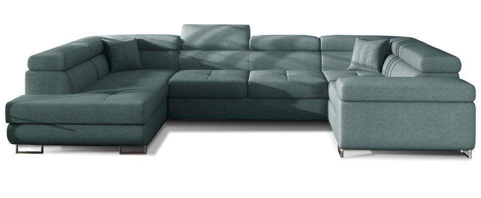 Canapé panoramique convertible TOVY en tissu avec coffre et têtières réglables – 340 cm - Photo n°1