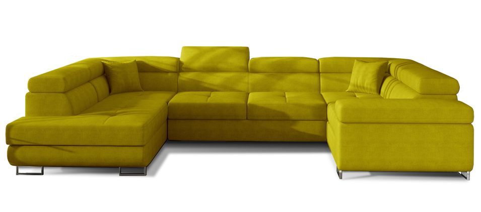 Canapé panoramique convertible TOVY en tissu avec coffre et têtières réglables – 340 cm - Photo n°1