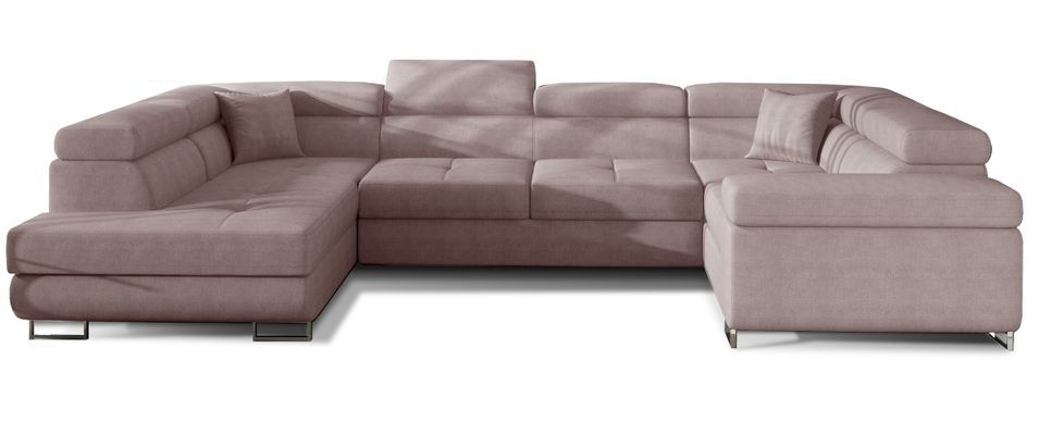 Canapé panoramique convertible TOVY en tissu avec coffre et têtières réglables – 340 cm - Photo n°1