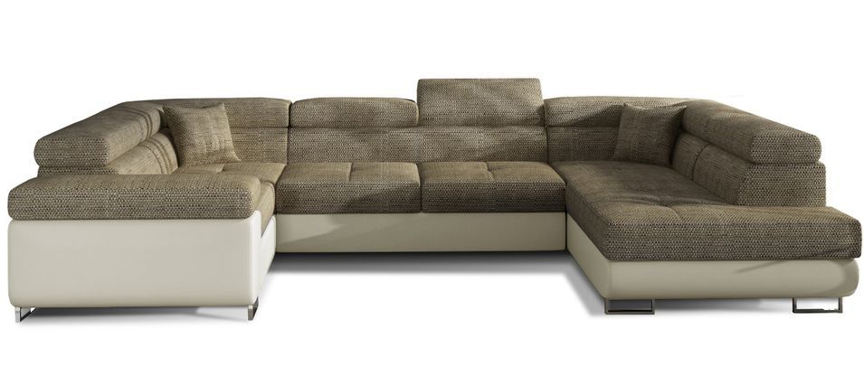 Canapé panoramique convertible TOVY en tissu et simili cuir avec têtières réglables – 340 cm - Photo n°1