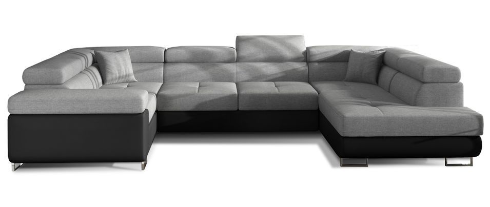 Canapé panoramique convertible TOVY en tissu et simili cuir avec têtières réglables – 340 cm - Photo n°1