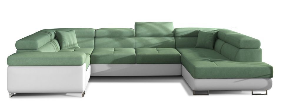Canapé panoramique convertible TOVY en tissu et simili cuir avec têtières réglables – 340 cm - Photo n°1
