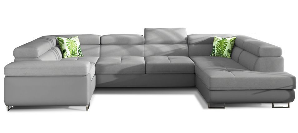 Canapé panoramique convertible TOVY en tissu et simili cuir avec têtières réglables – 340 cm - Photo n°1