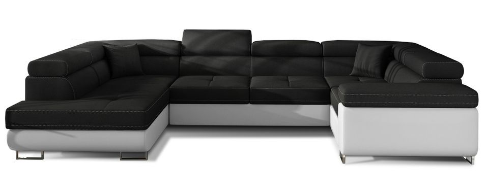 Canapé panoramique convertible TOVY en tissu et simili cuir avec têtières réglables – 340 cm - Photo n°1