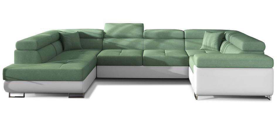 Canapé panoramique convertible TOVY en tissu et simili cuir avec têtières réglables – 340 cm - Photo n°1