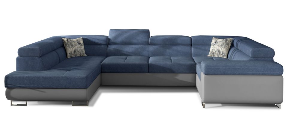 Canapé panoramique convertible TOVY en tissu et simili cuir avec têtières réglables – 340 cm - Photo n°1