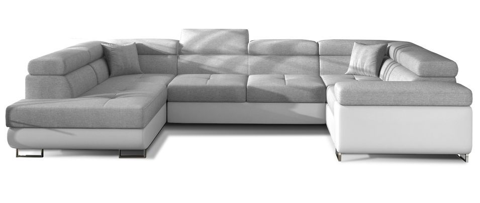 Canapé panoramique convertible TOVY en tissu et simili cuir avec têtières réglables – 340 cm - Photo n°1
