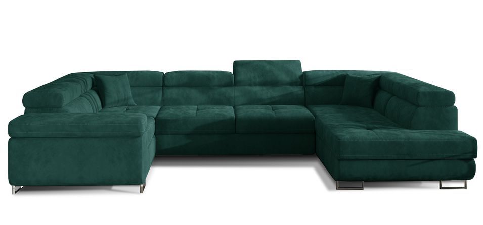 Canapé panoramique convertible TOVY en velours avec coffre et têtières réglables – 340 cm - Photo n°1