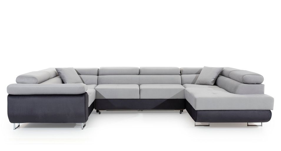 Canapé panoramique convertible TOVY en velours avec coffre et têtières réglables – 340 cm - Photo n°1