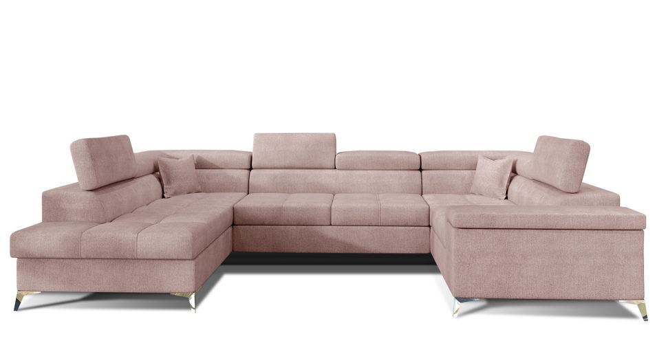 Canapé panoramique convertible TRIANO tissu - Coffre de rangement et têtières réglables - Photo n°1