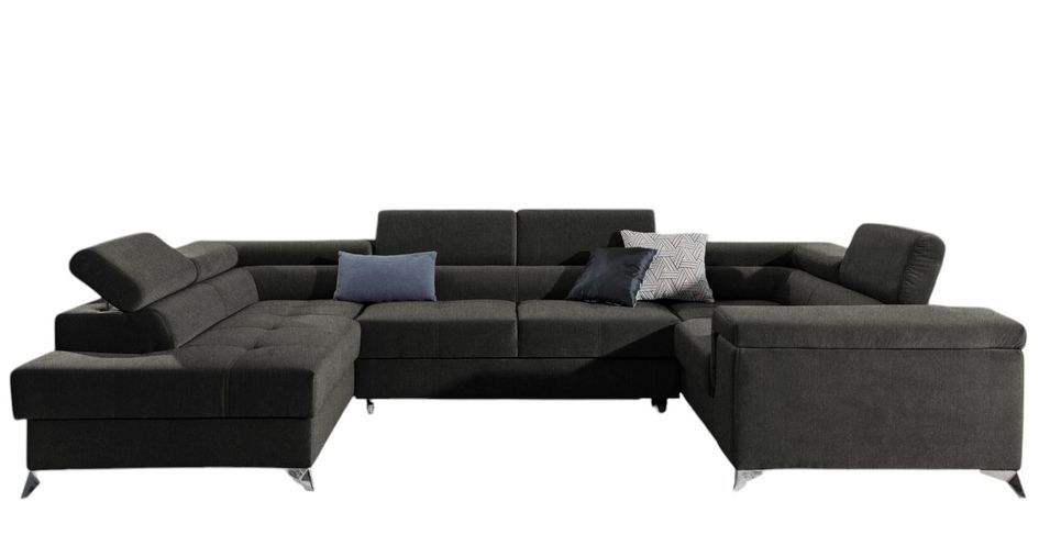 Canapé panoramique convertible TRIANO tissu - Coffre de rangement et têtières réglables - Photo n°1