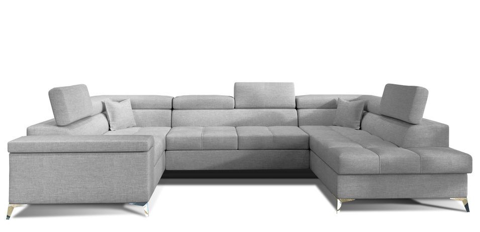 Canapé panoramique convertible TRIANO tissu - Coffre de rangement et têtières réglables - Photo n°1