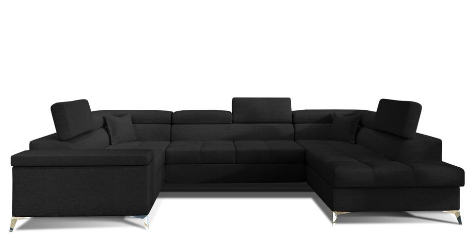 Canapé panoramique convertible TRIANO tissu - Coffre de rangement et têtières réglables - Photo n°1