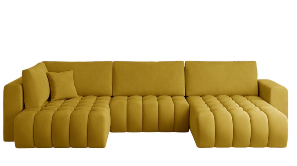 Canapé panoramique d'angle convertible BOSTON en velours capitonné – 350 cm - Photo n°1