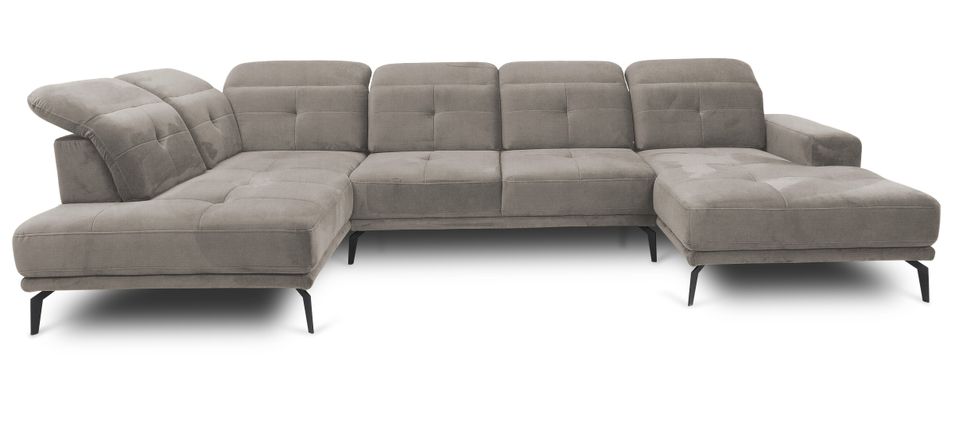 Canapé panoramique d’angle convertible VERSUS en velours avec têtières réglables – 350 cm - Photo n°1