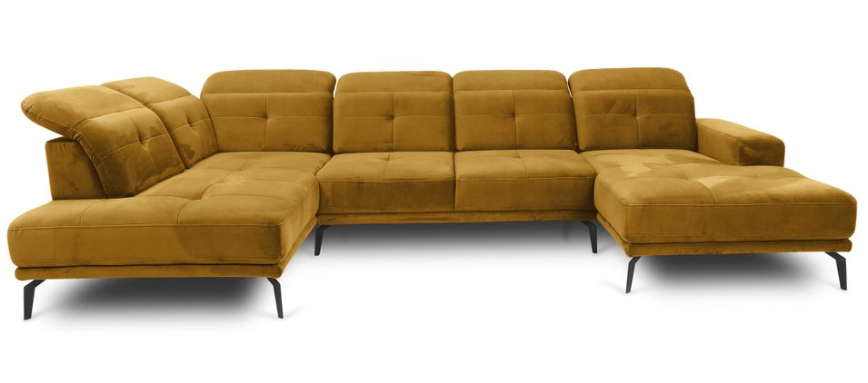 Canapé panoramique d’angle convertible VERSUS en velours avec têtières réglables – 350 cm - Photo n°1