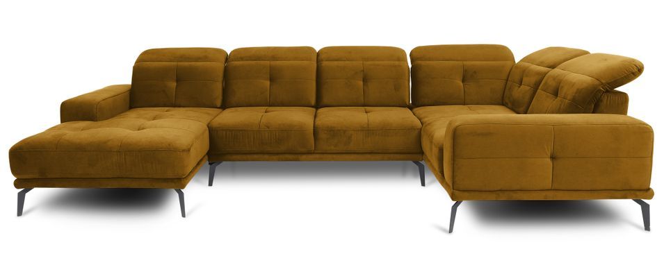 Canapé panoramique design velours jaune têtières angle droit avec accoudoir Stan 350 cm - Photo n°1