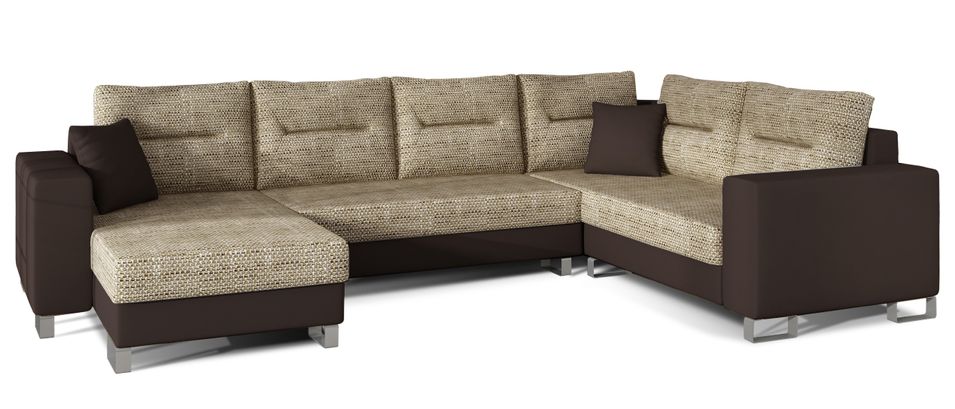 Canapé panoramique tissu beige clair chiné et simili cuir marron en forme de U convertible avec petit coffre de rangement Lizzio 312 cm - Photo n°1