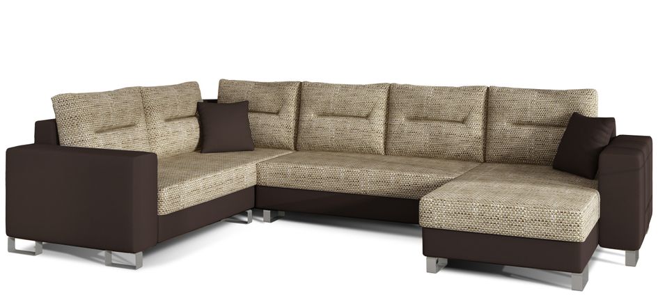 Canapé panoramique tissu beige clair chiné et simili cuir marron en forme de U convertible avec petit coffre de rangement Lizzio 312 cm - Photo n°1