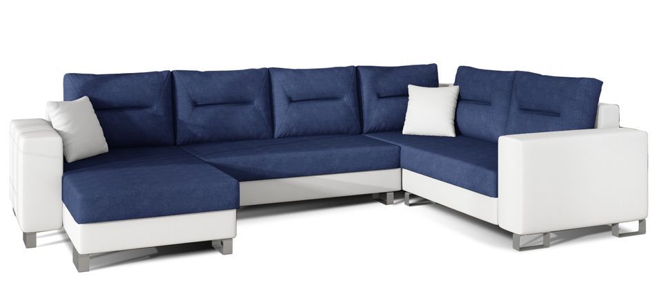 Canapé panoramique tissu bleu et simili cuir blanc en forme de U convertible avec petit coffre de rangement Lizzio 312 cm - Photo n°1