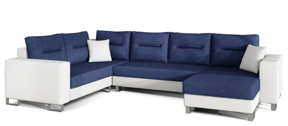 Canapé panoramique tissu bleu et simili cuir blanc en forme de U convertible avec petit coffre de rangement Lizzio 312 cm - Photo n°1