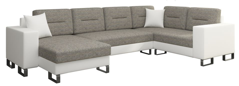 Canapé panoramique tissu gris clair chiné et simili cuir blanc en forme de U convertible avec petit coffre de rangement Lizzio 312 cm - Photo n°1