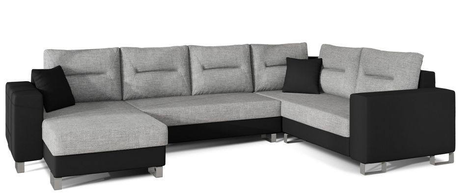 Canapé panoramique tissu gris clair et simili cuir noir en forme de U convertible avec petit coffre de rangement Lizzio 312 cm - Photo n°1