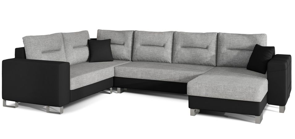 Canapé panoramique tissu gris clair et simili cuir noir en forme de U convertible avec petit coffre de rangement Lizzio 312 cm - Photo n°1