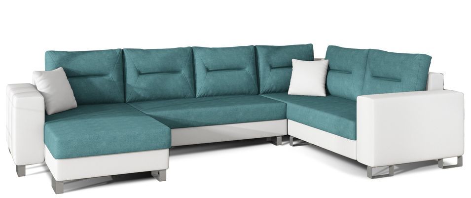 Canapé panoramique tissu vert et simili cuir blanc en forme de U convertible avec petit coffre de rangement Lizzio 312 cm - Photo n°1