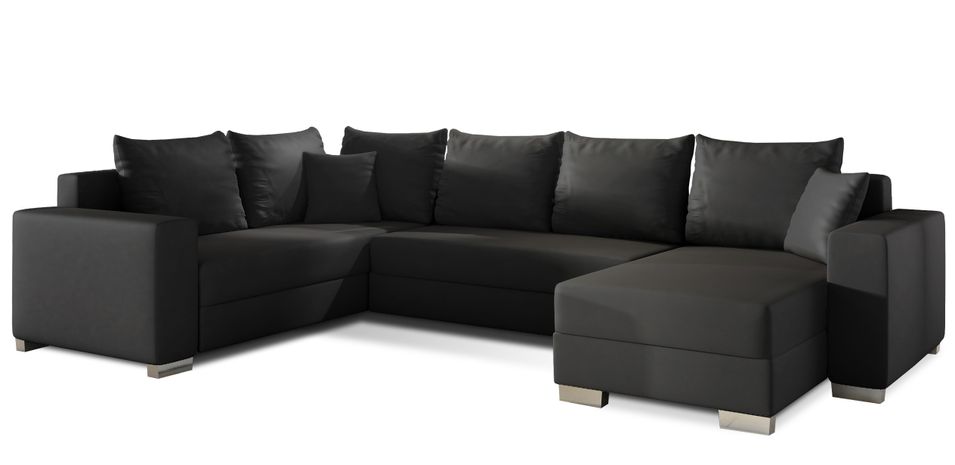 Canapé U convertible simili noir coffre de rangement à droite Marry 321 cm - Photo n°1