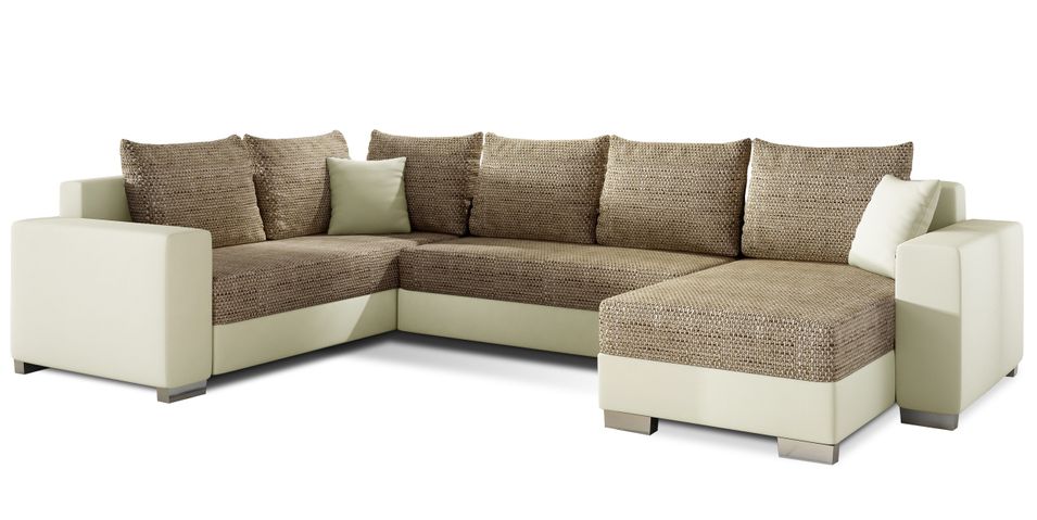 Canapé U convertible tissu beige chiné et simili beige coffre de rangement à droite Marry 321 cm - Photo n°1